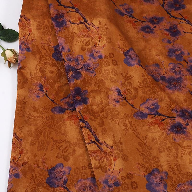 Red Cloud Gauze Fabric with Ink-Dyed Peony Blossom Print, 59"Wide