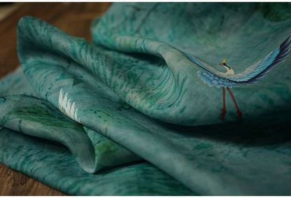 Jade Green Ramie Fabric: Crane Print, Soft Home Textile, 55"W