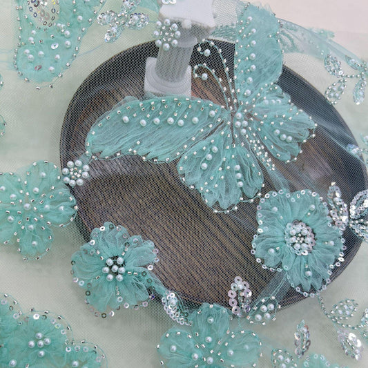Teal Blue Beaded Embroidery Fabric: Bridal Wedding Veil, DIY Accessories