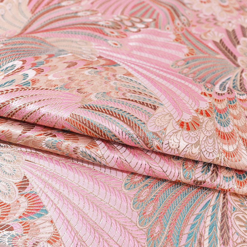 Tissu damassé rose : tissage queue de phénix chinois de 35 pouces de large