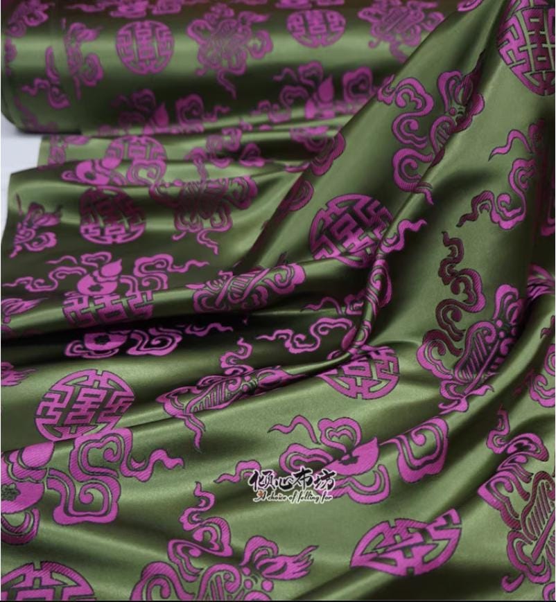 Silk Brocade Fabric: Purple & Green Chinese Upholstery, Costume, Decor