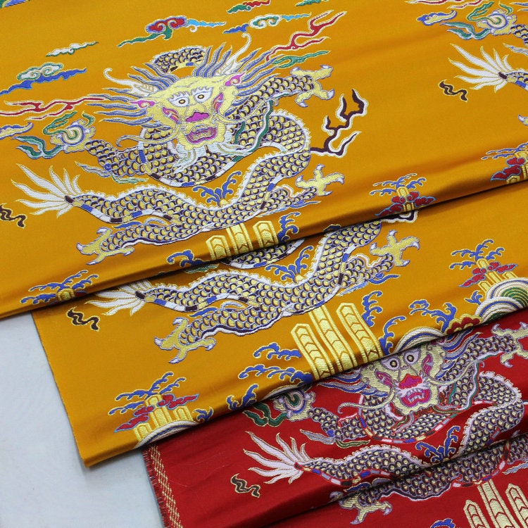 Gold Flying Dragon Fabric: Red & Gold Brocade Silk Rayon Blend (29"W)
