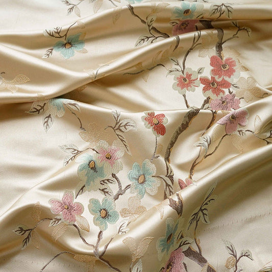 Plum Blossom Brocade Fabric: Champagne Rayon Jacquard, 59" Wide