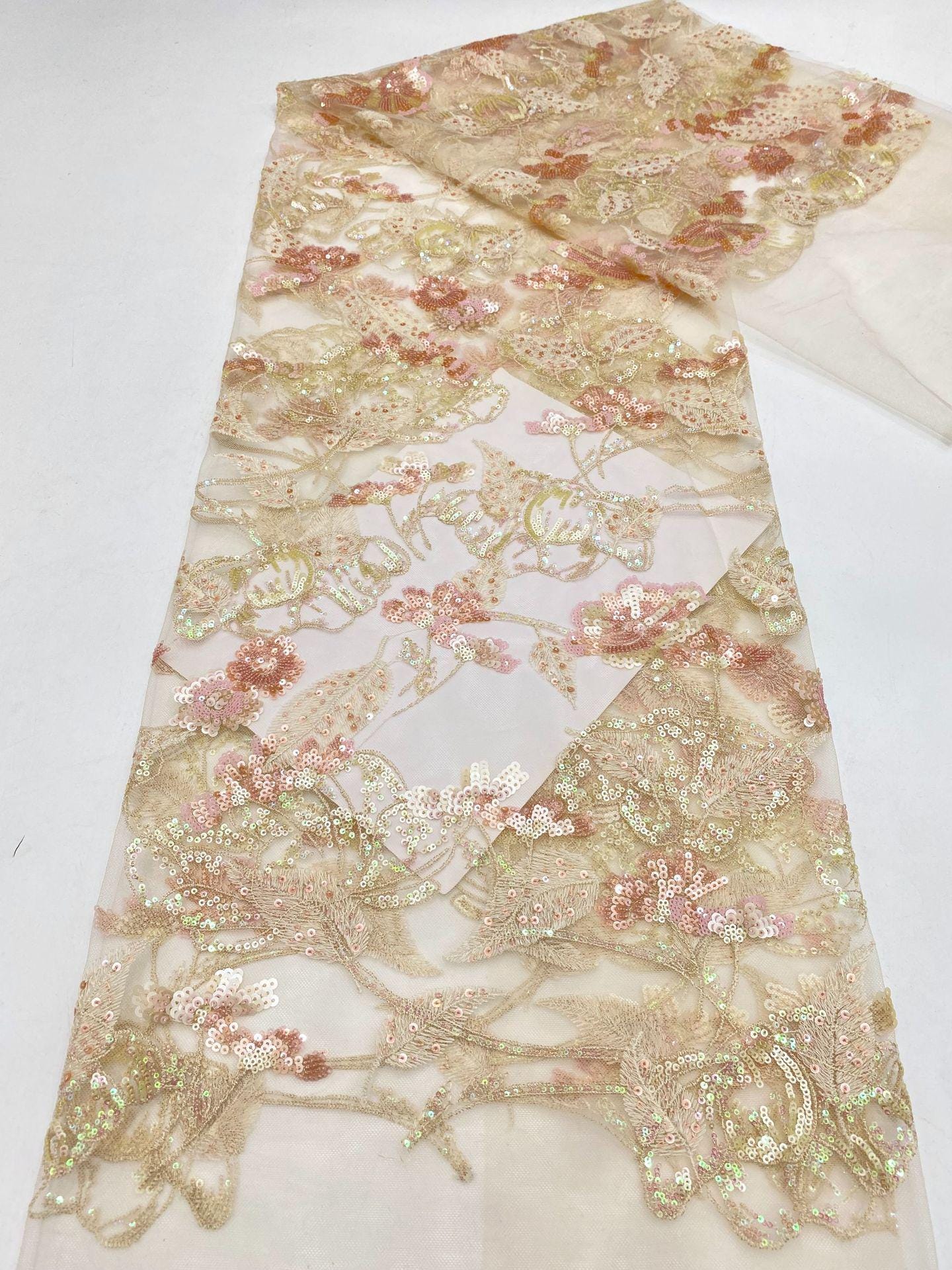 Colorful Sequin Embroidered Mesh Lace Fabric, Floral Wedding Dress Material, 49"W