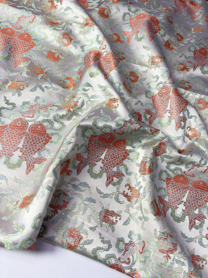 Double Fish Jacquard Satin Brocade Fabric - 57"W Antique Style