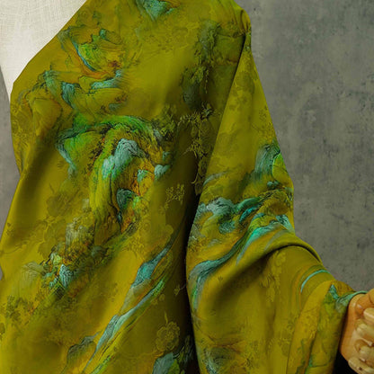 Ancient Landscape Painting Rayon Fabric: Upholstery, Costume, Scarf (55"W)
