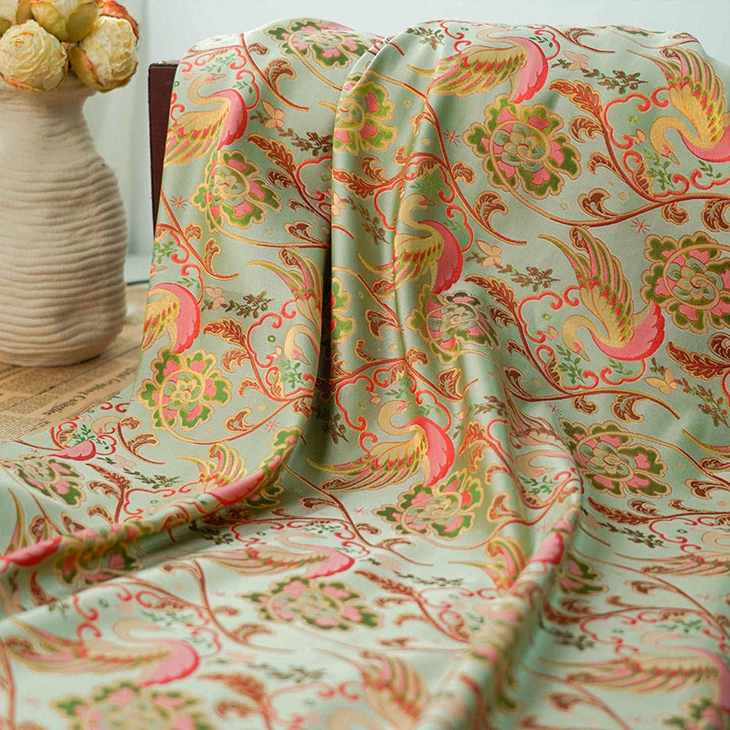 Swan Jacquard Fabric: 64"W Damask Upholstery Fabric - By The Meter