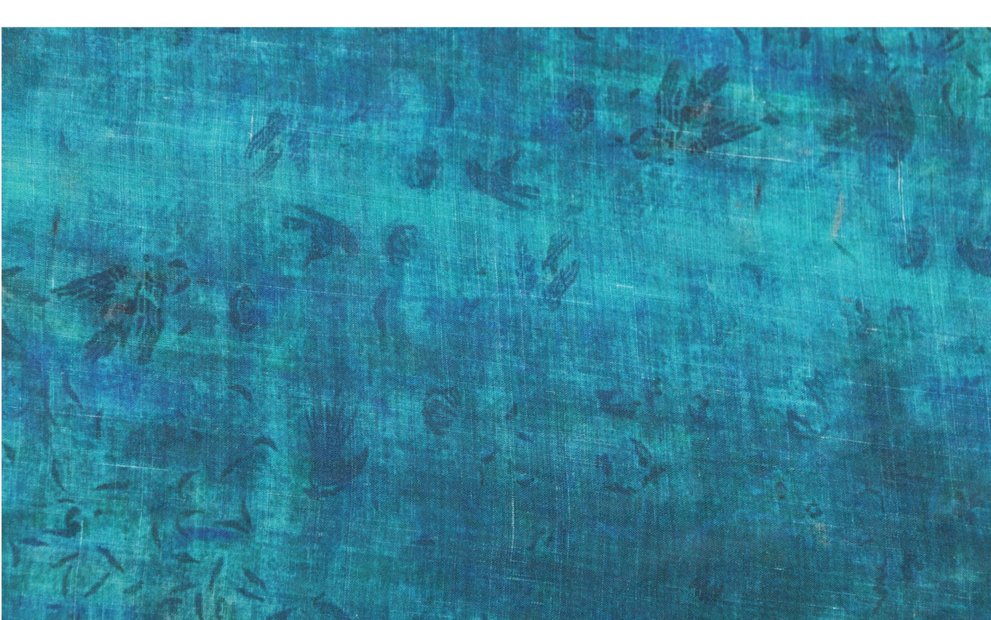 Tissu ramie imprimé de totems anciens bleu sarcelle - 140 cm de large