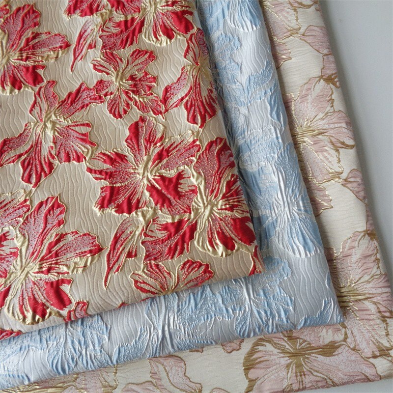 Gold Thread Floral Jacquard Fabric: 3D Embossed Woven Textile, 55"W