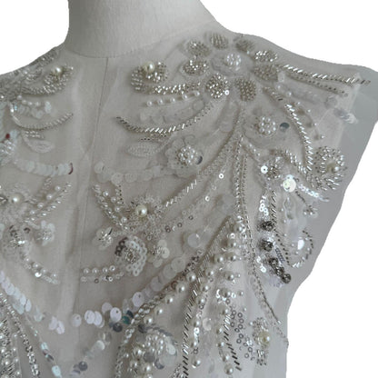 Embroidered Lace Trim: Beaded Sequin Applique - Bridal Wedding Dress (By Pair)