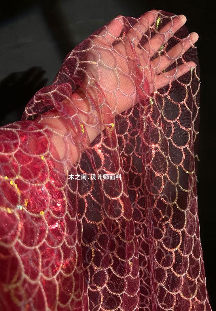 Maroon Fish Scales Sequin Embroidered Mesh Fabric, 50"W