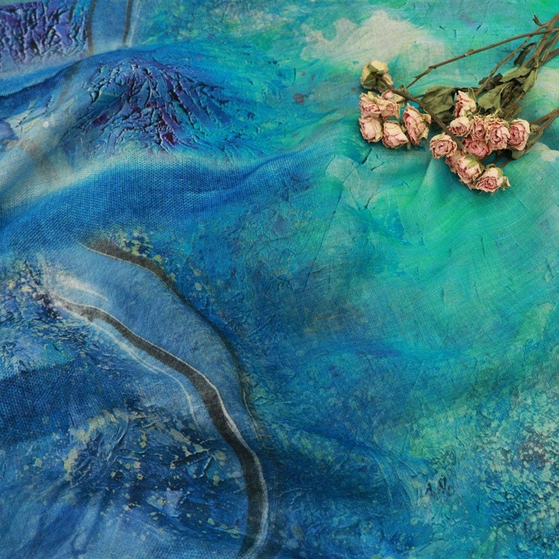 Blue Tears Oil Painting Print - Natural Ramie Fabric 57"W
