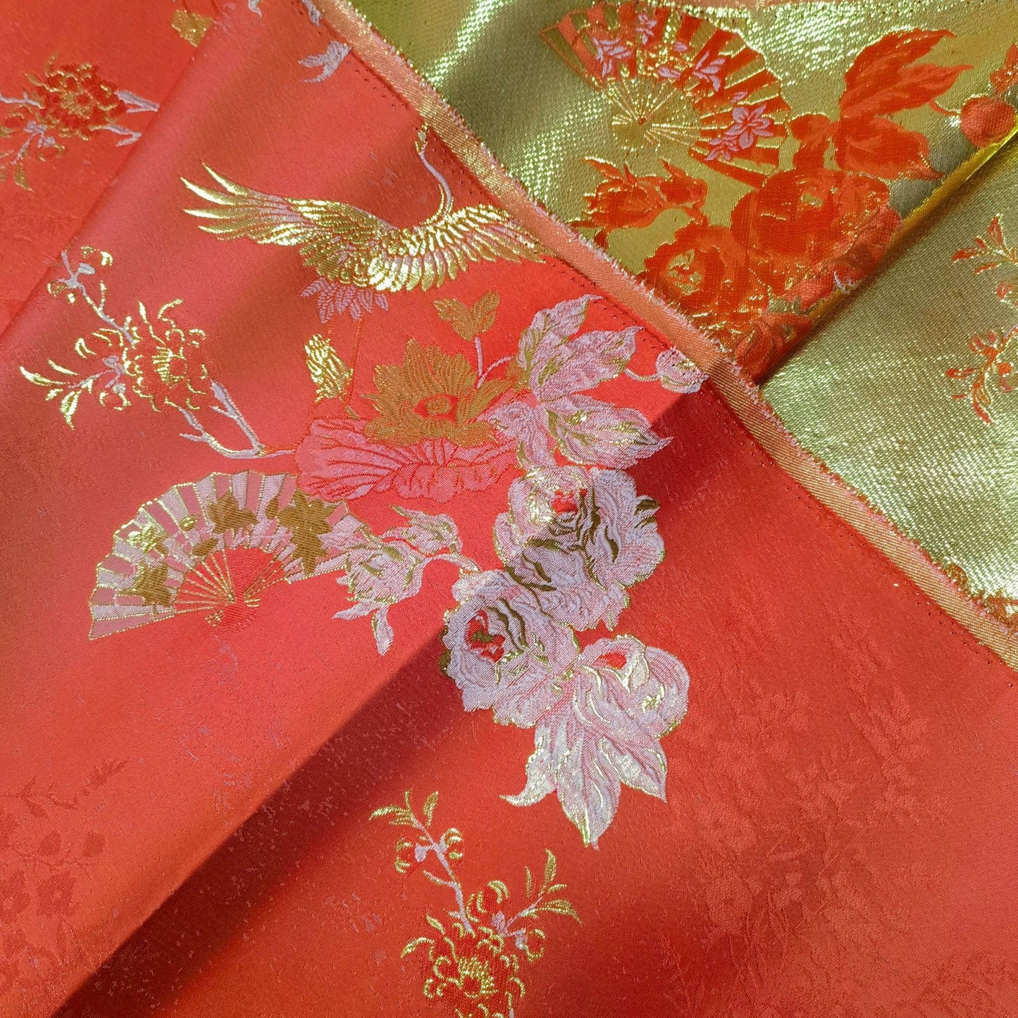 Gold Crane Brocade Fabric: 55"W Jacquard Rayon Sewing Material