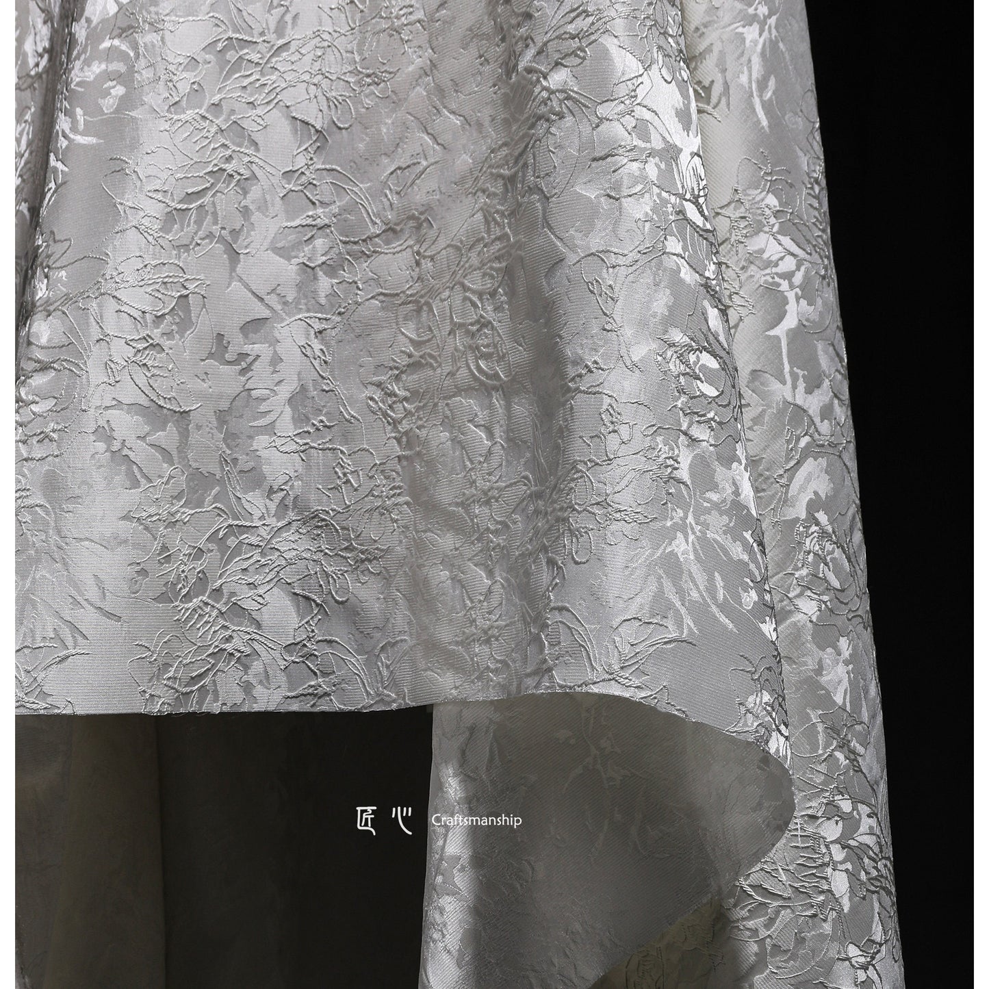 White Floral Jacquard Fabric: 3D Textured Embroidery, 63" Wide, By The Meter