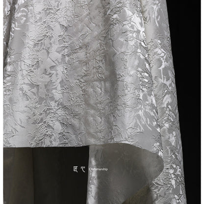 White Floral Jacquard Fabric: 3D Textured Embroidery, 63" Wide, By The Meter