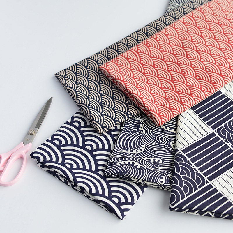 Japanese Cotton Fabric: Blue Wave Print, Kimono & Upholstery Fabric