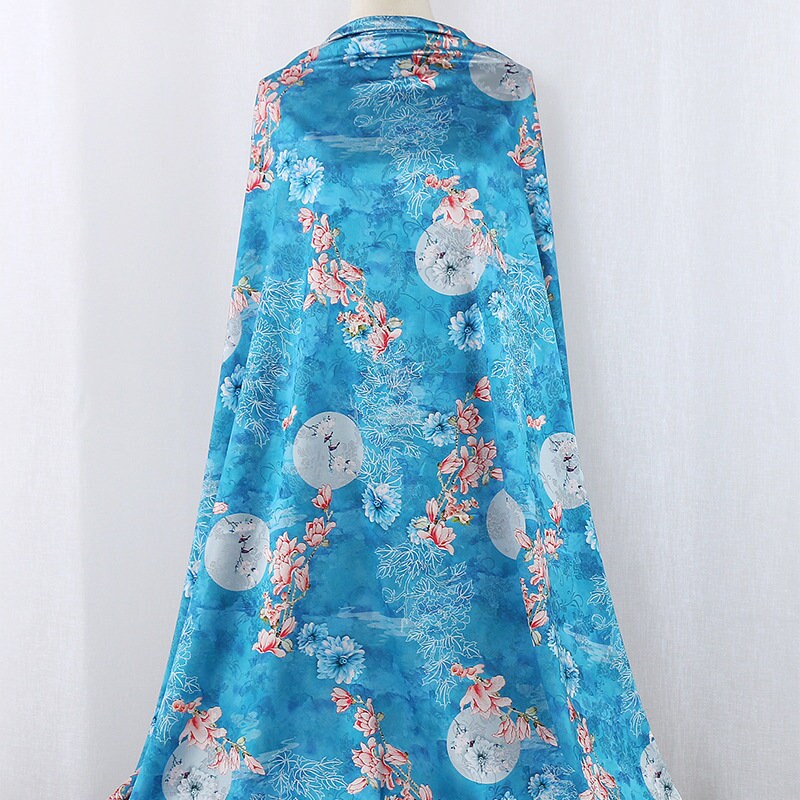 Teal Floral Tea Silk Satin Fabric: Digital Print, 59" Wide