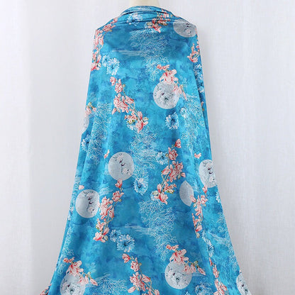 Teal Floral Tea Silk Satin Fabric: Digital Print, 59" Wide