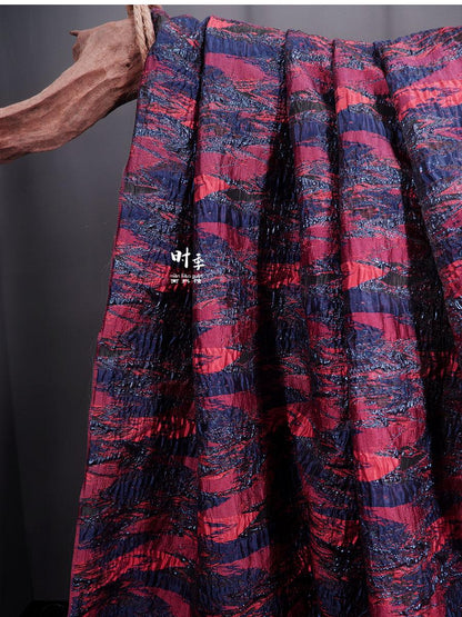 Gold Thread Jacquard Fabric: Red & Blue 3D Designer Fabric, 55"W