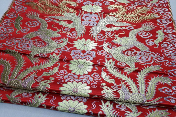 Robe impériale cheongsam tibétaine en brocart multicolore orné de dragons et de phénix chinois, tissu filé en soie, satin et brocart, 74 cm de large