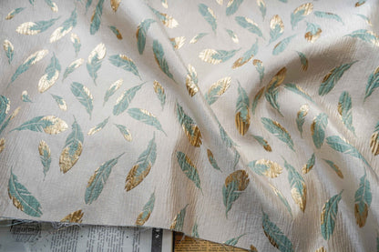 Gold Thread Jacquard Fabric: 3D Feather Design, 56" Wide