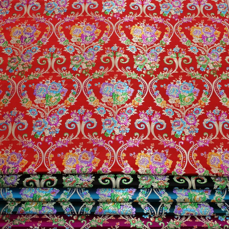 Tissu brocart à motifs floraux : 75 cm de large, style tibétain vintage, soie et rayonne