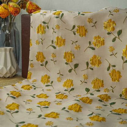 Gold Shimmering Flower Jacquard Fabric: 3D Embossed Woven Material