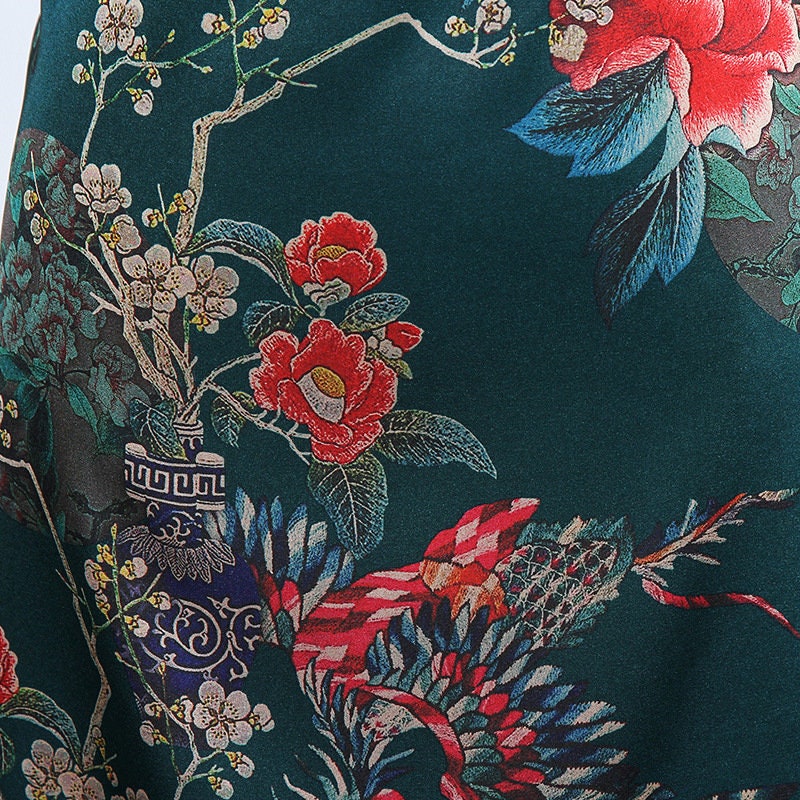 Floral Bird Print Satin Fabric: Gambiered Canton Gauze, 59"W