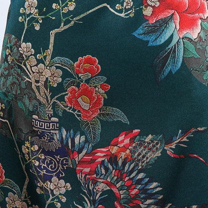 Floral Bird Print Satin Fabric: Gambiered Canton Gauze, 59"W