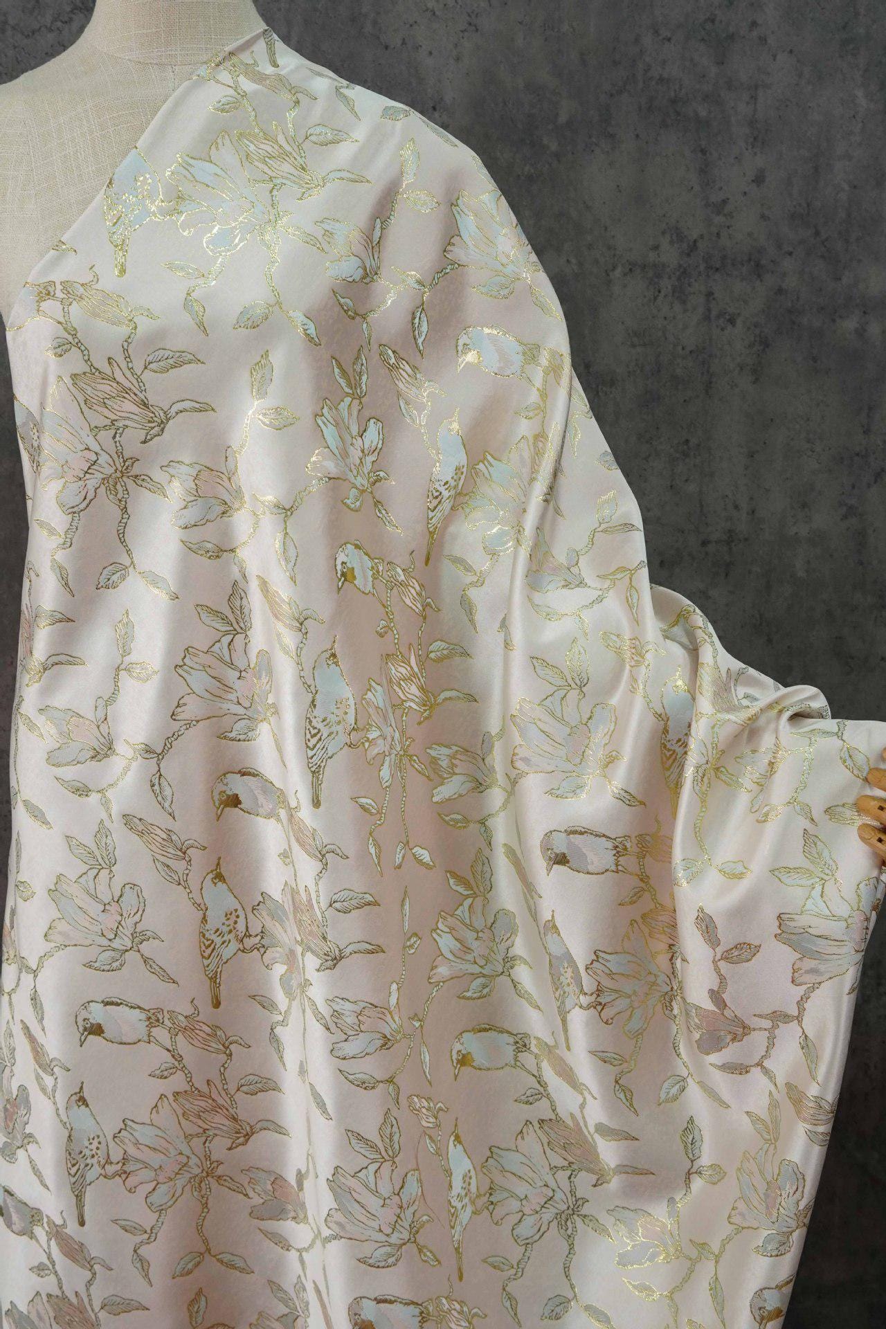 Floral Gold Jacquard Satin Fabric: Brocade Textile, Dressmaking & Upholstery (64" Wide, By The Meter)