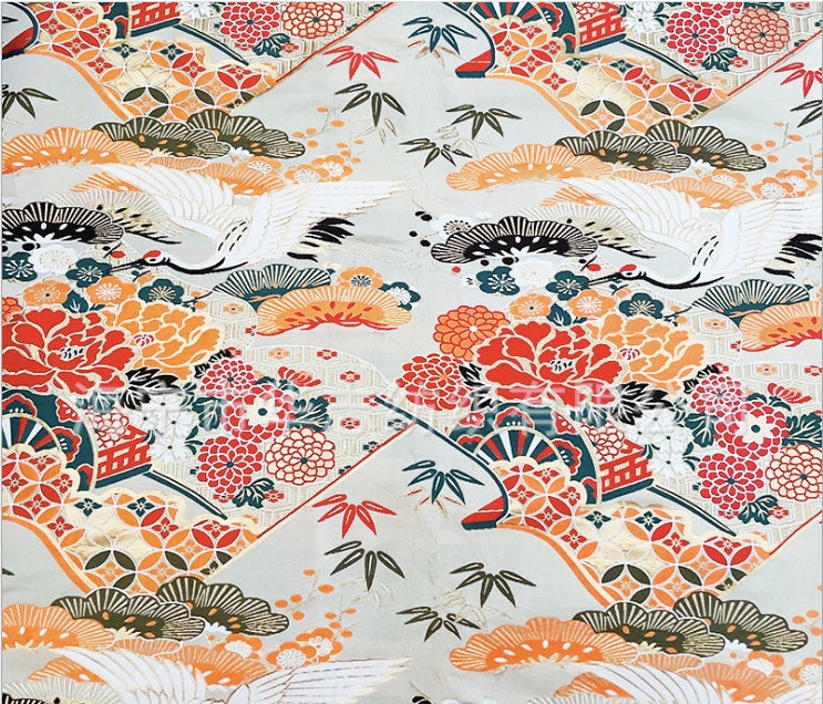 Japanese Crane Jacquard Satin Fabric: Birds & Floral Upholstery, Costume Sewing