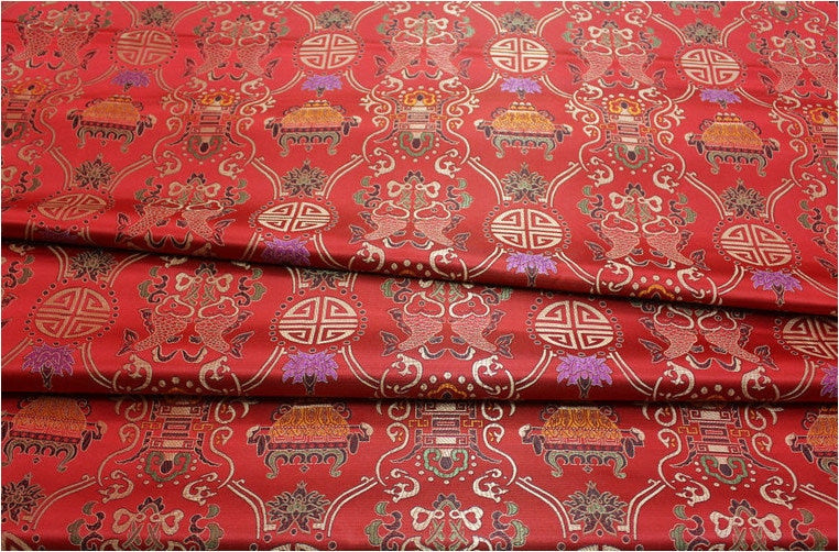 Pisces Double Fish Silk Brocade Fabric: 35"W Cheongsam Material