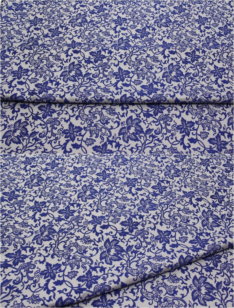 Blue Floral Jacquard Satin Fabric - 59"W Silk Rayon Brocade