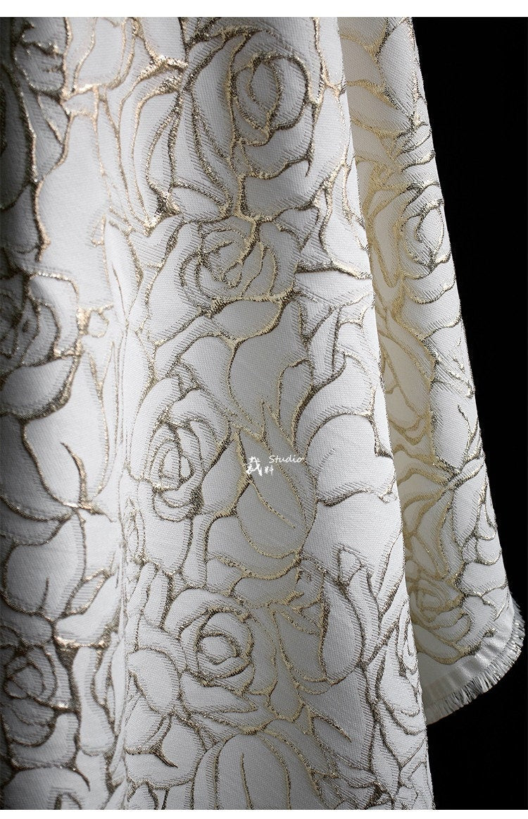 Gold Thread Rose Jacquard Fabric: 3D Texture Designer Sewing, 55" Wide