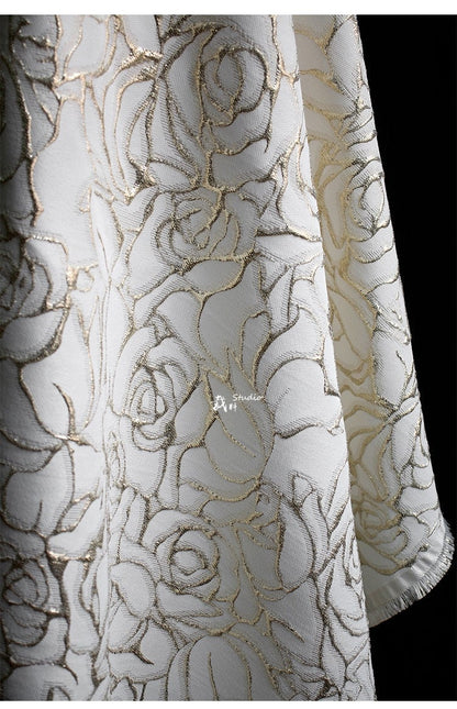 Gold Thread Rose Jacquard Fabric: 3D Texture Designer Sewing, 55" Wide