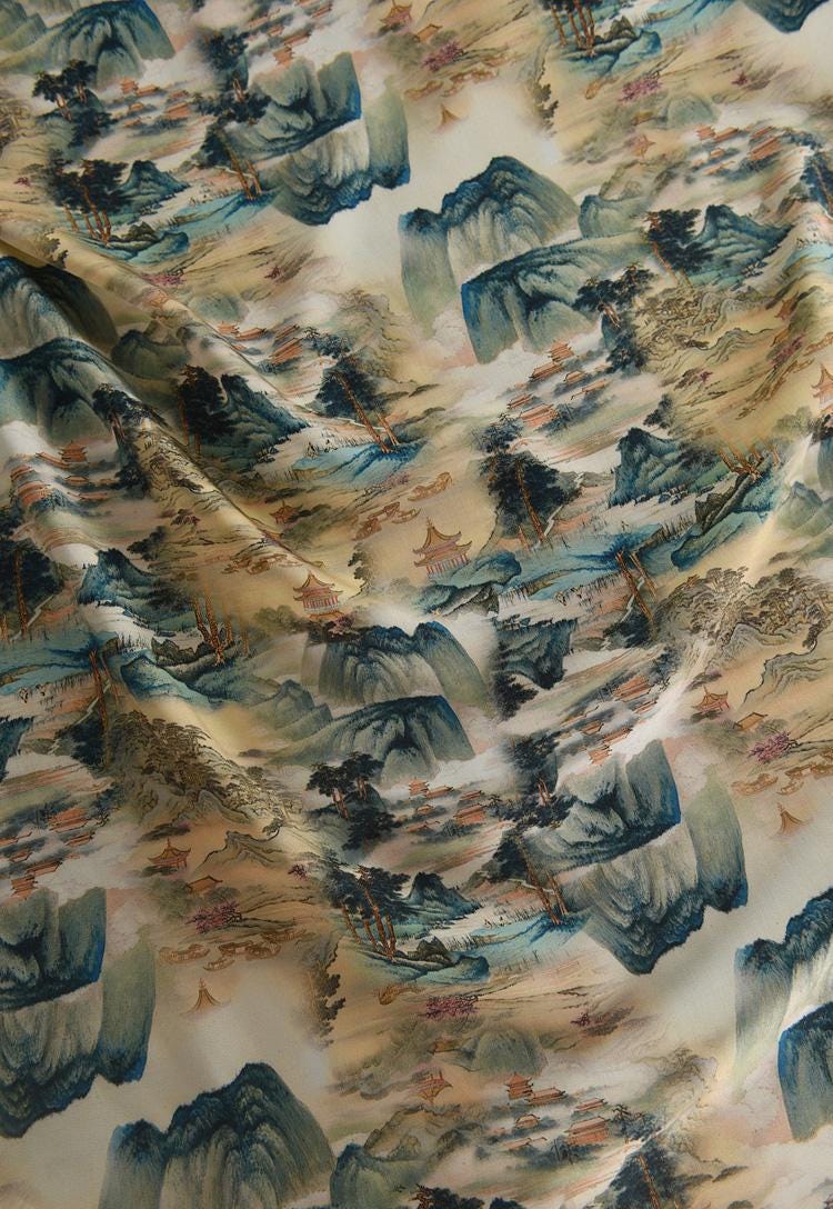 Tissu en coton à motif de peinture à l'encre de Chine : paysage ancien, 140 cm de large