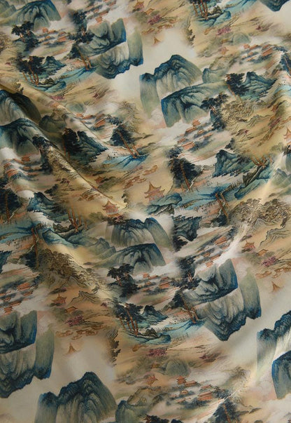 Tissu en coton à motif de peinture à l'encre de Chine : paysage ancien, 140 cm de large