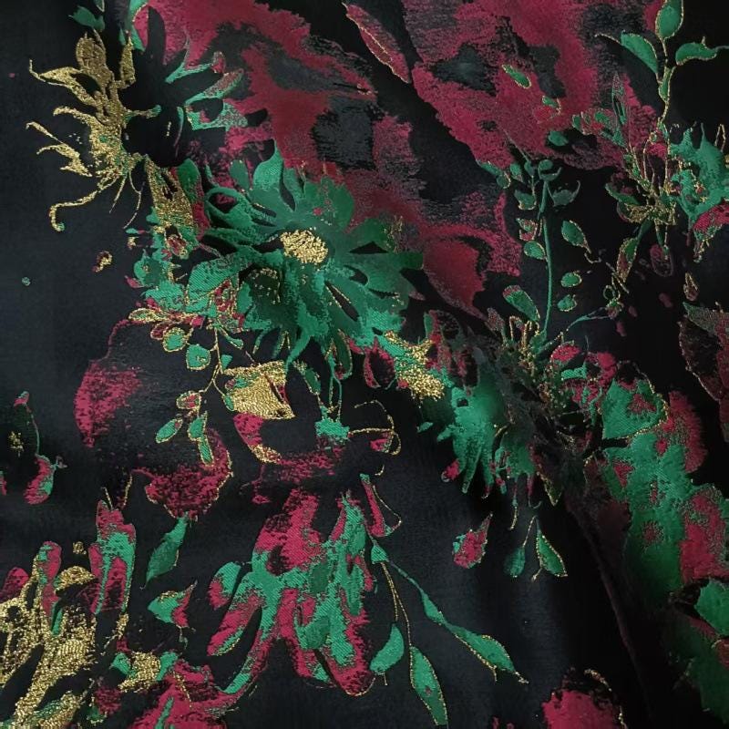 Vintage Iridescent Floral Jacquard Fabric: Metallic Gold Thread, 66"W