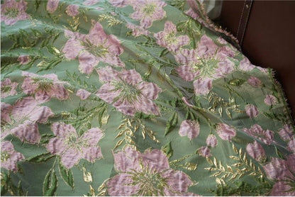 Gold Thread Jacquard Fabric: Pea Green 3D Designer Material - 58" Wide