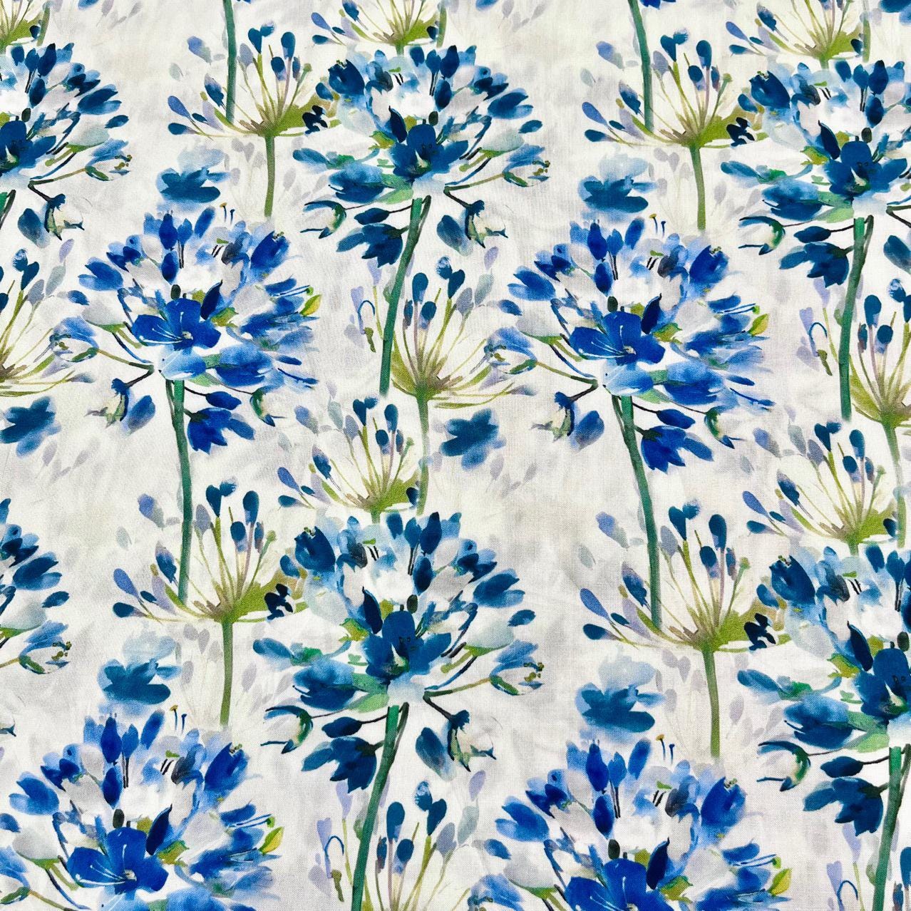 Floral Cotton Fabric: Blue Flower Print, 59" Wide, Sewing Quilting
