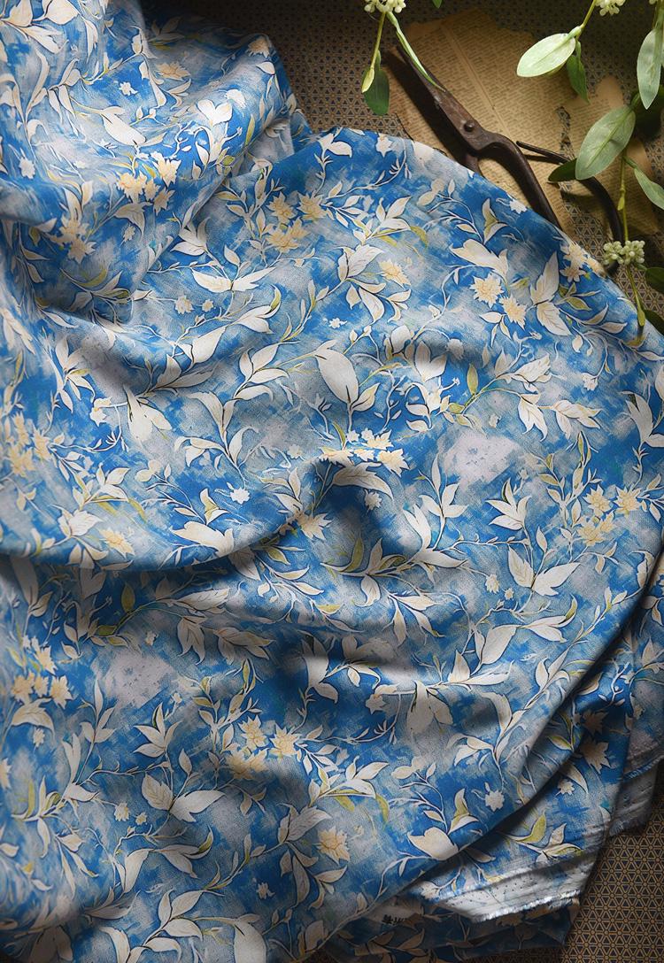 Tissu en coton à motif floral : style peinture à l’encre de Chine, 140 cm de large