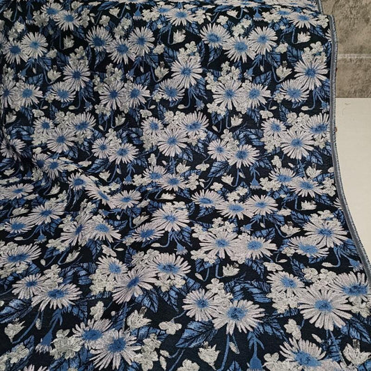 Reversible Floral Jacquard Fabric: Retro Blue Embossed Woven Material, 59"W