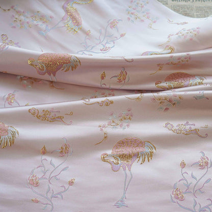 Metallic Brocade Fabric: Damask Jacquard Satin with Crane Design - 57"W