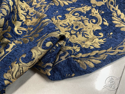 Tissu Jacquard Palais Bleu et Or : Damas de 55 po de large pour ameublement