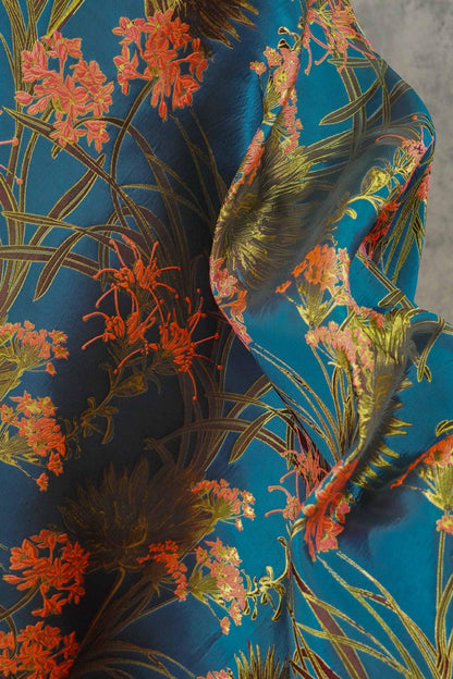 Gold Thread Jacquard Woven Fabric: 3D Teal Floral Embossed Upholstery, Costume, Sewing - 62"W