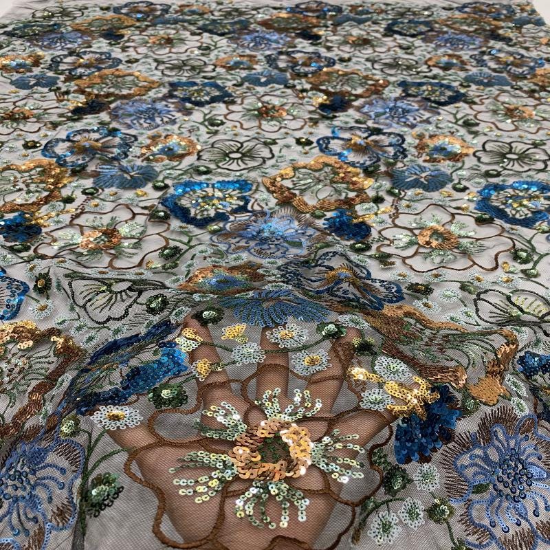 Tissu en dentelle à sequins brodée de fleurs, 124 cm de large