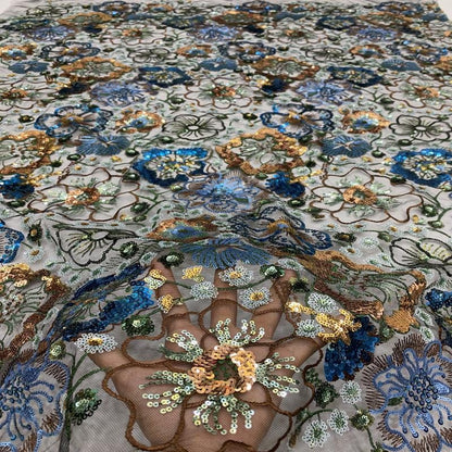Tissu en dentelle à sequins brodée de fleurs, 124 cm de large
