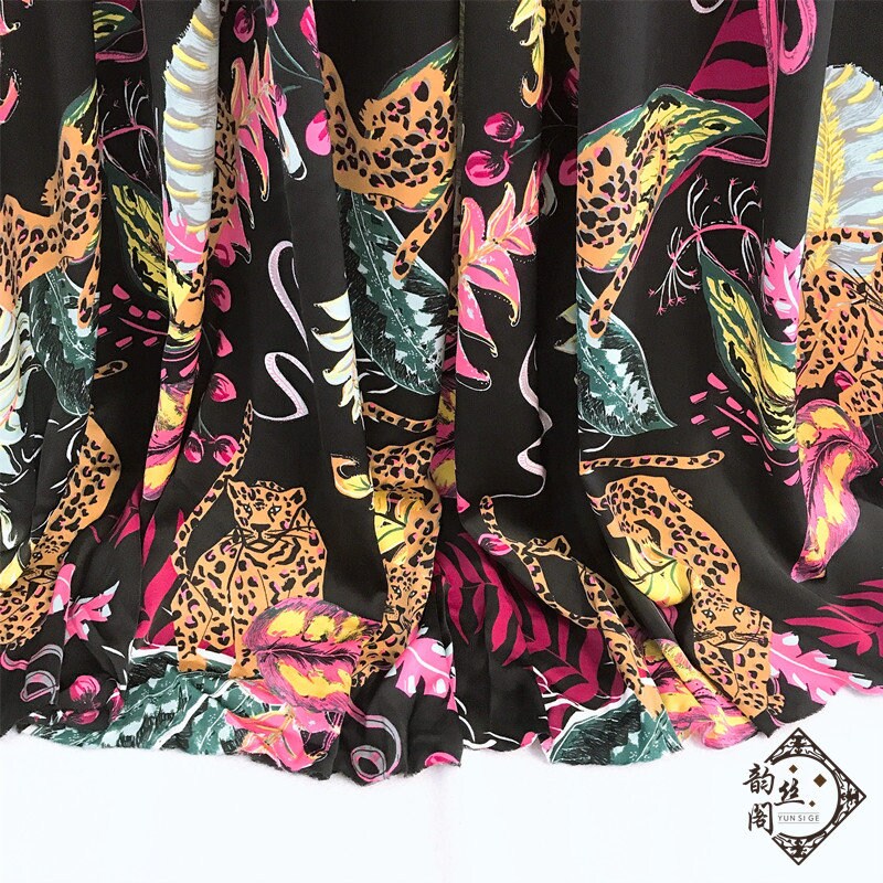 Leopard Print Satin Chiffon Fabric: Black Animal Print, 59" Wide