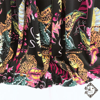Leopard Print Satin Chiffon Fabric: Black Animal Print, 59" Wide