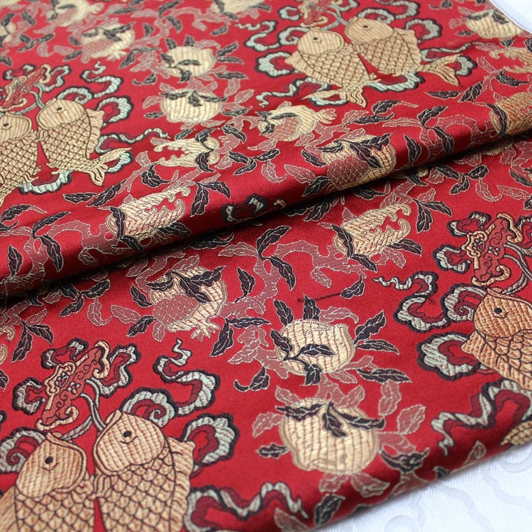 Chinese Silk Brocade Fabric: Pisces Double Fish Design, 29.5" Wide